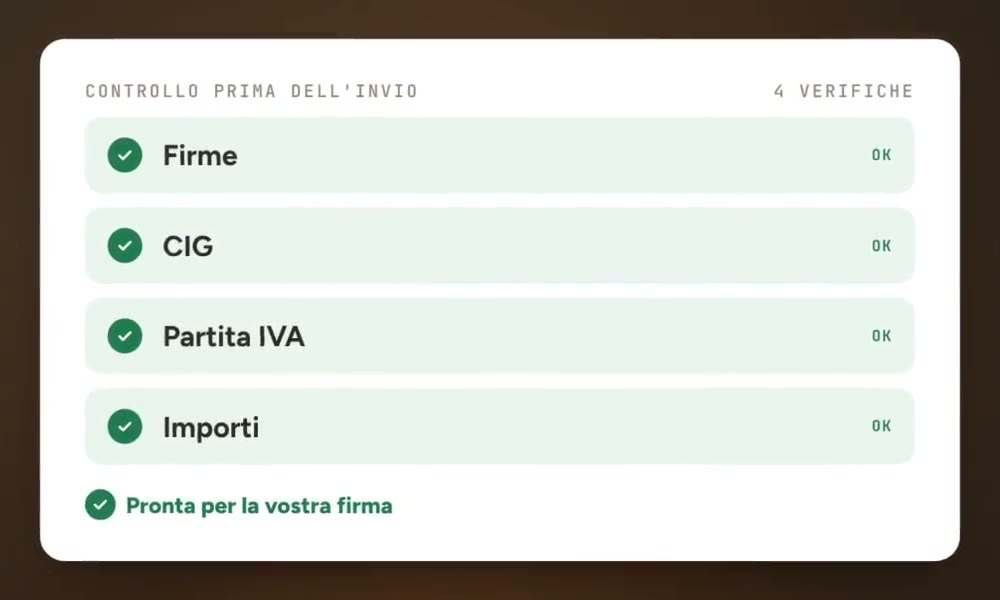 Il controllo prima dell’invio: firme, CIG, partita IVA e importi verificati, pronta per la vostra firma.
